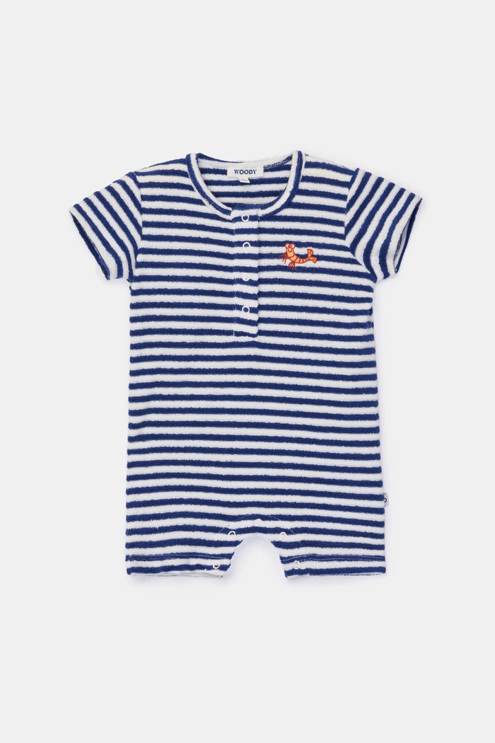 Blauw-wit gestreept kruippakje van badstof €20,97